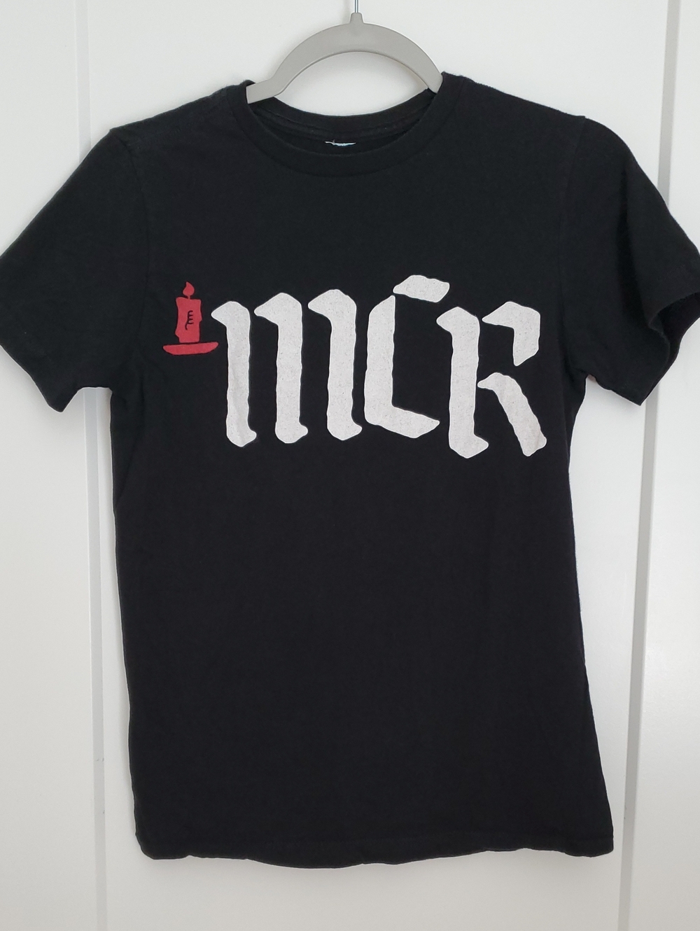 Black Graphic Tee with White Gothic 'MCR' and Red Candle Accent